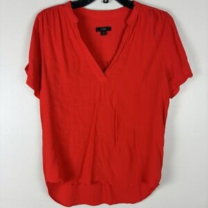 J Crew Women's Bright Red Short Sleeve Blouse XS V Neck Classic Casual Work